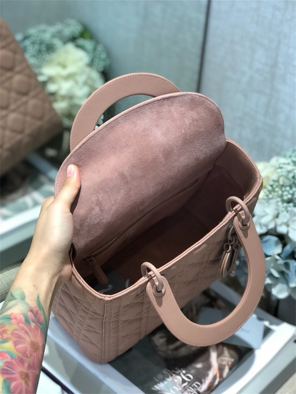 medium lady D*or bag 9.5 x 8 x 4.5 inches