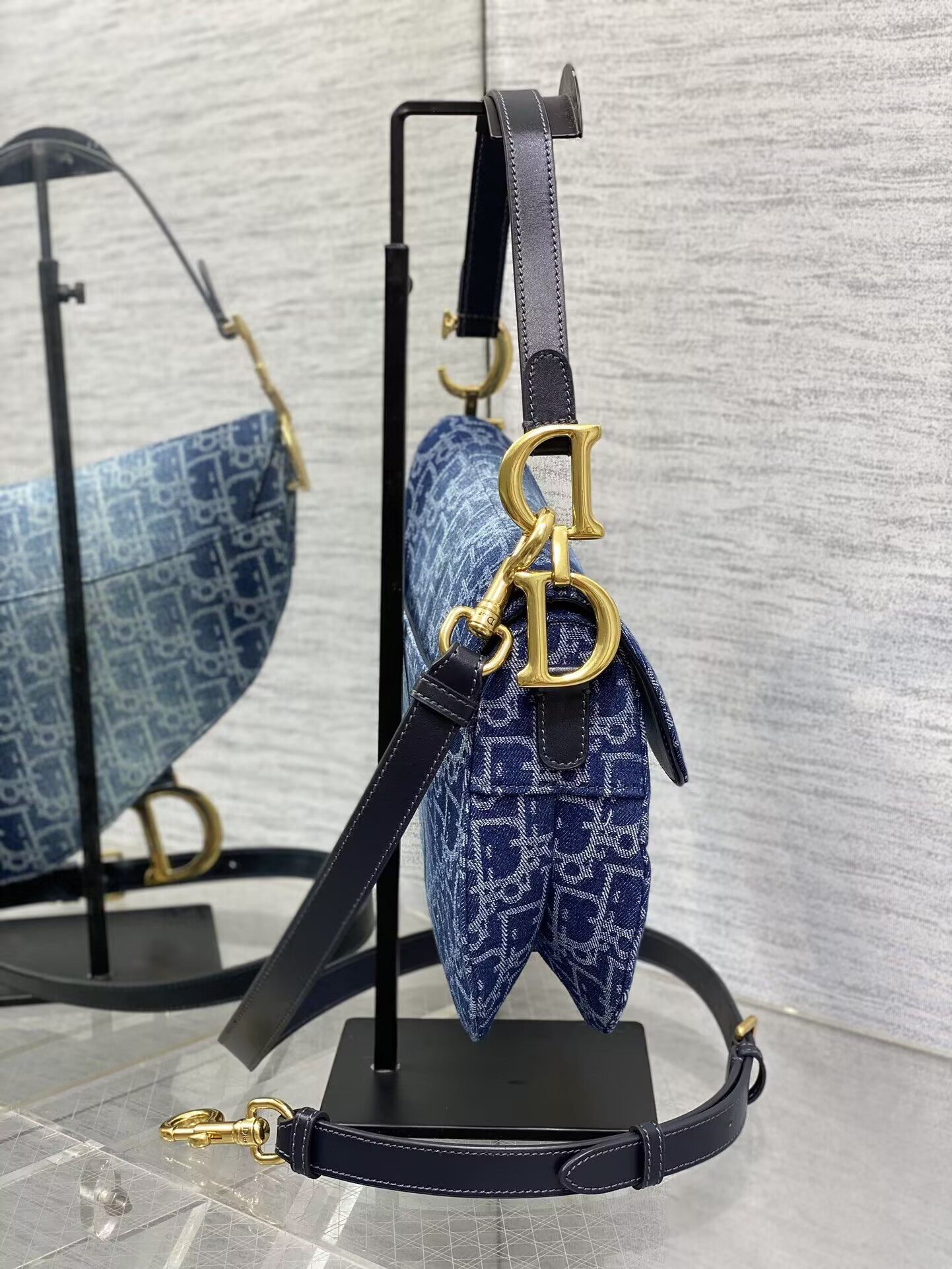 D*or saddle bag with strap  blue denim D*or oblique jacquard 25.5 x 20 x 6.5 cm