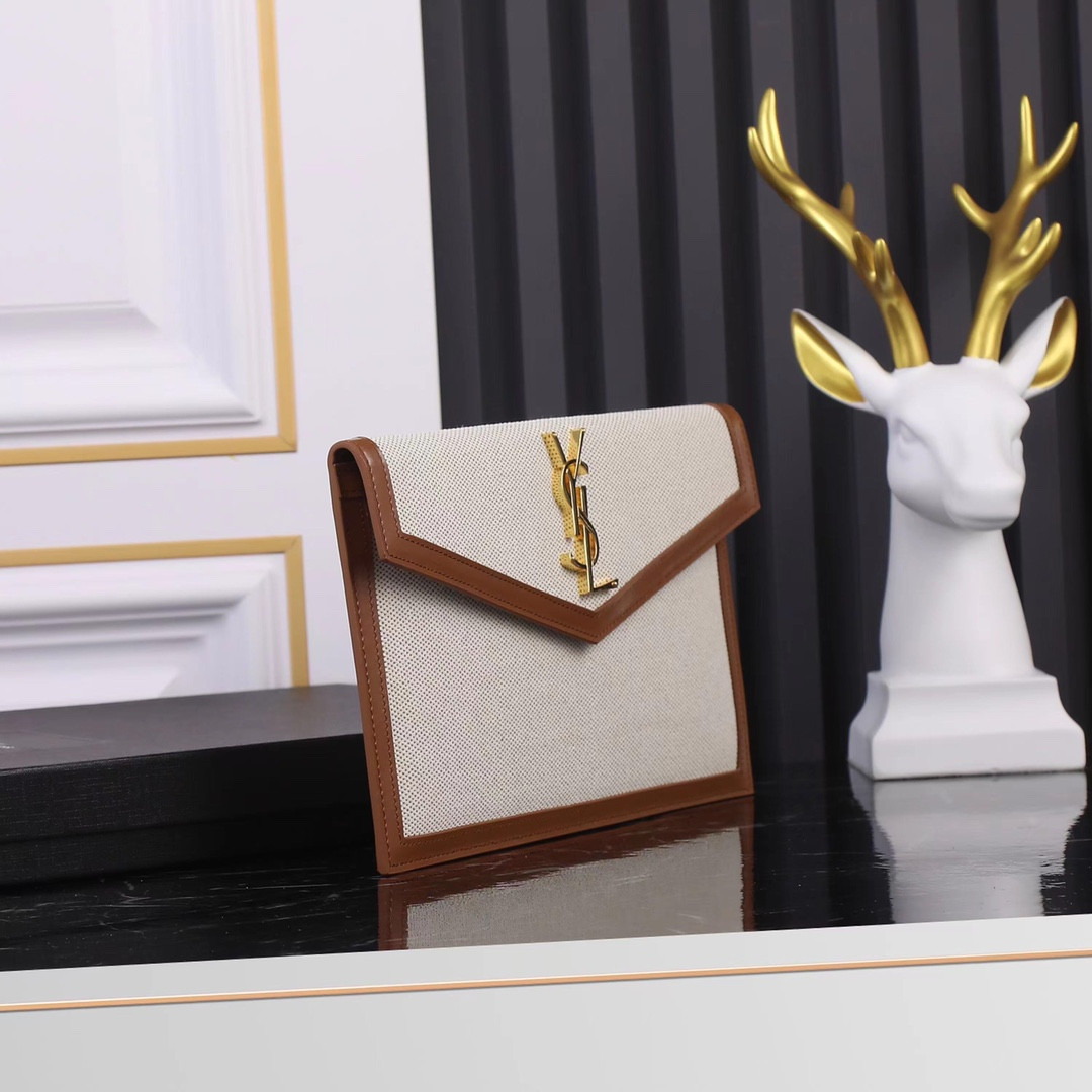 Y*L uptown pouch in canvas and smooth leather natural beige 10.6 x 6.2 x 0.7 inches