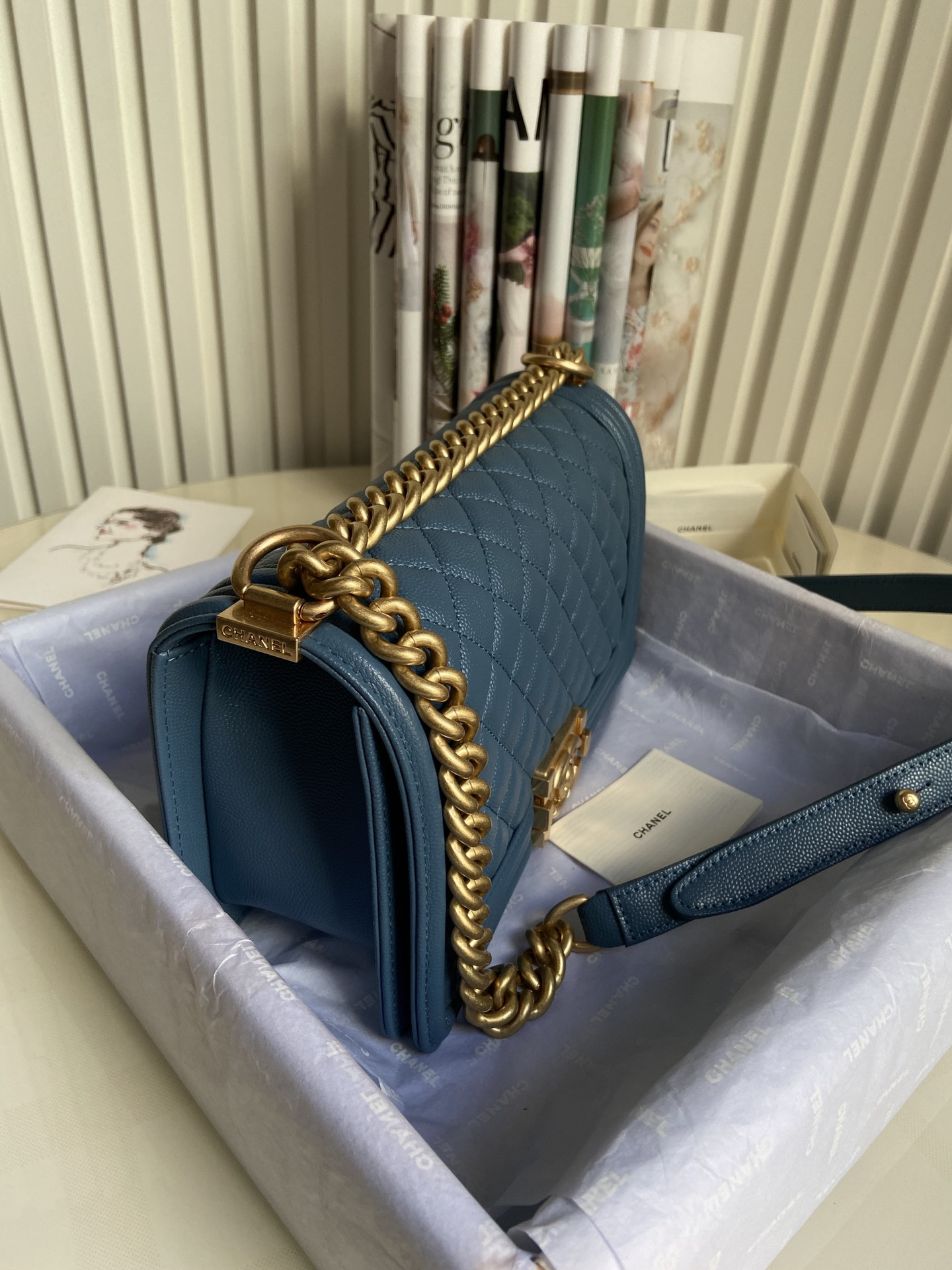 boy Ch*el handbag shiny grained calfskin & gold-tone metal blue 5.9 × 9.8 × 3.5 in