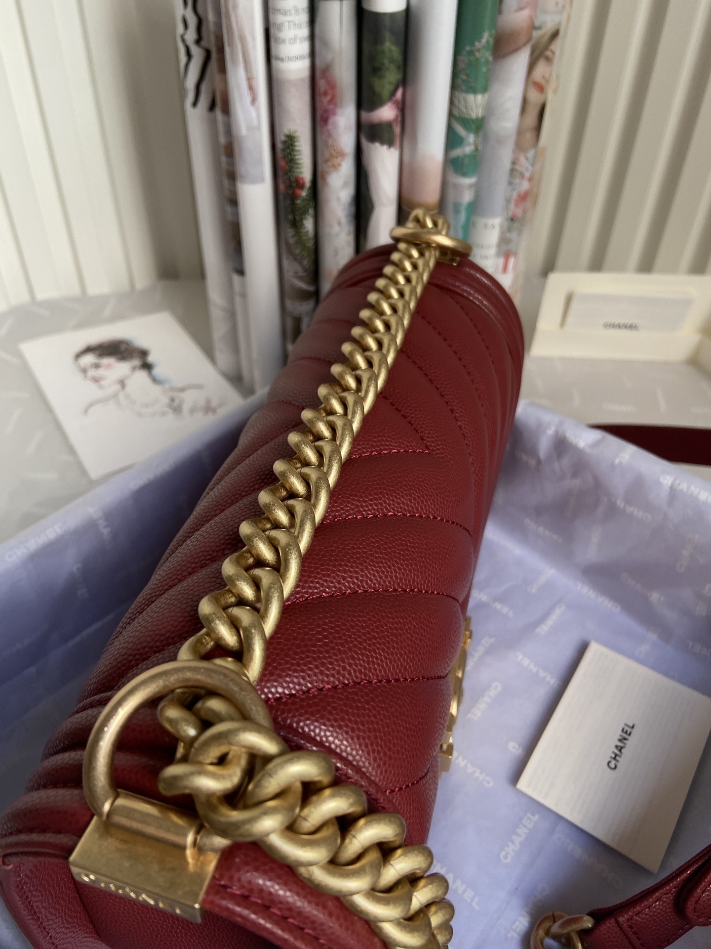 boy Ch*el handbag shiny grained calfskin & gold-tone metal red 5.9 × 9.8 × 3.5 in