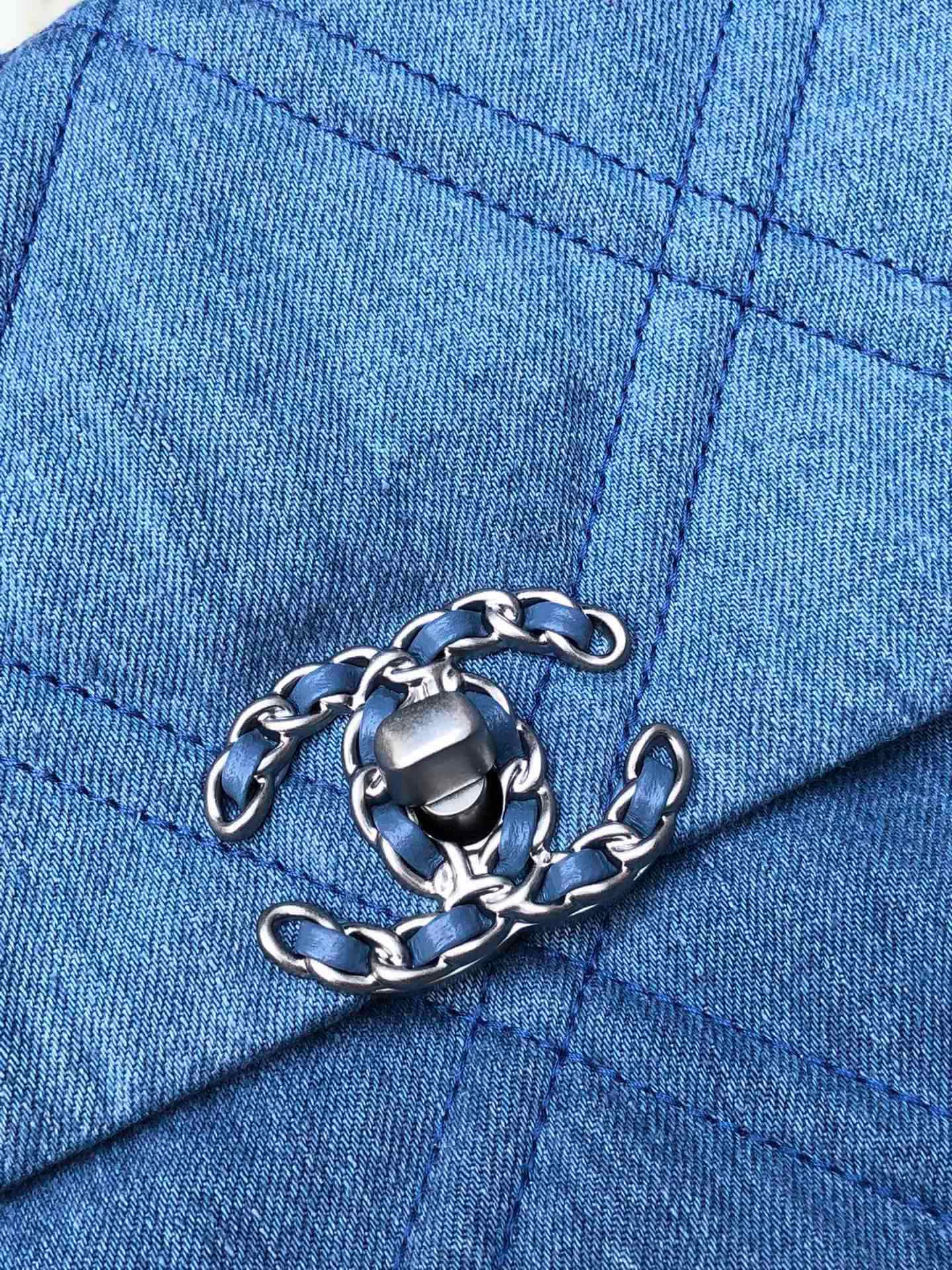 Ch*el 19 large handbag, gold-tone, silver-tone & ruthenium-finish metal blue 7.8 × 11.7 × 3.9 in