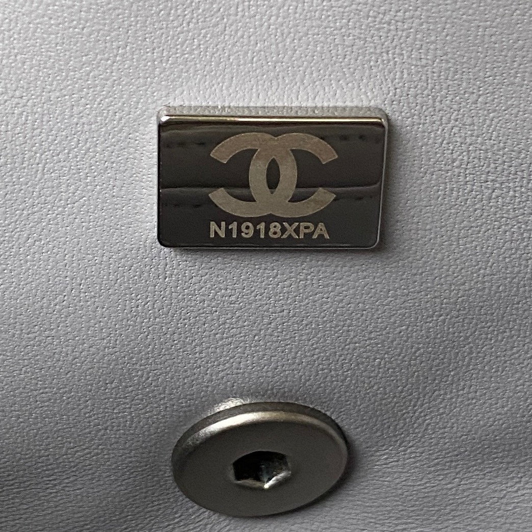 Ch*el mini flap bag shiny calfskin & silver-tone metal light gray 4.7 × 7.8 × 2.3 in