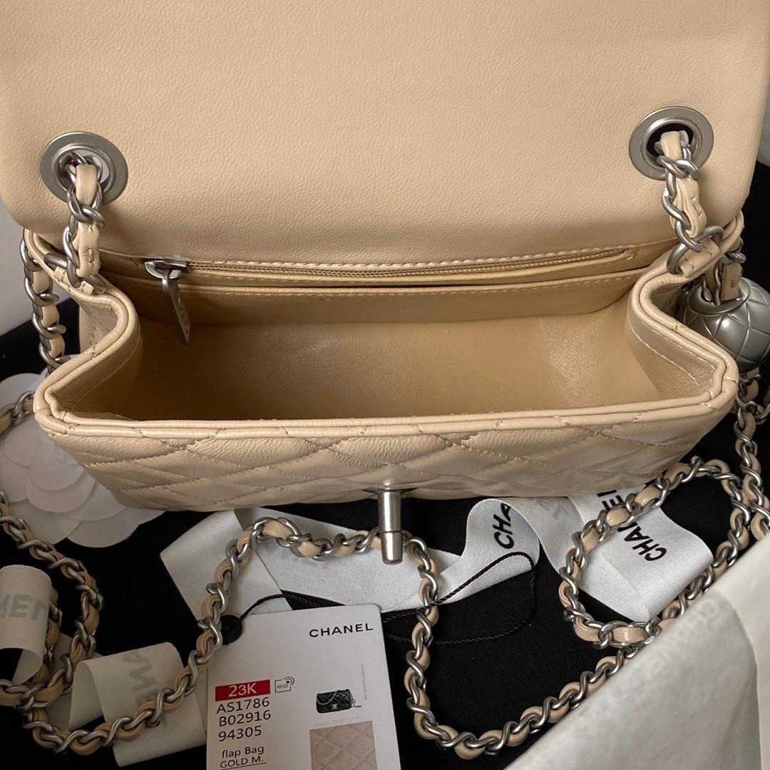 Ch*el mini flap bag shiny calfskin & silver-tone metal coffee 5.3 × 6.6 × 3.1 in