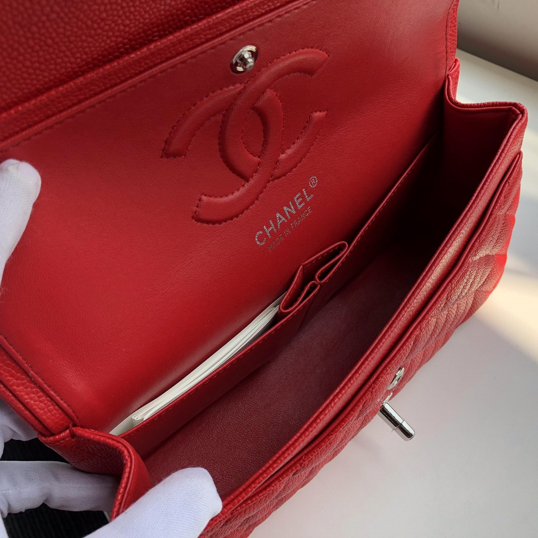 Ch*el classic handbag grained calfskin & silver-tone metal shiny red 6 × 9.9 × 2.5 in