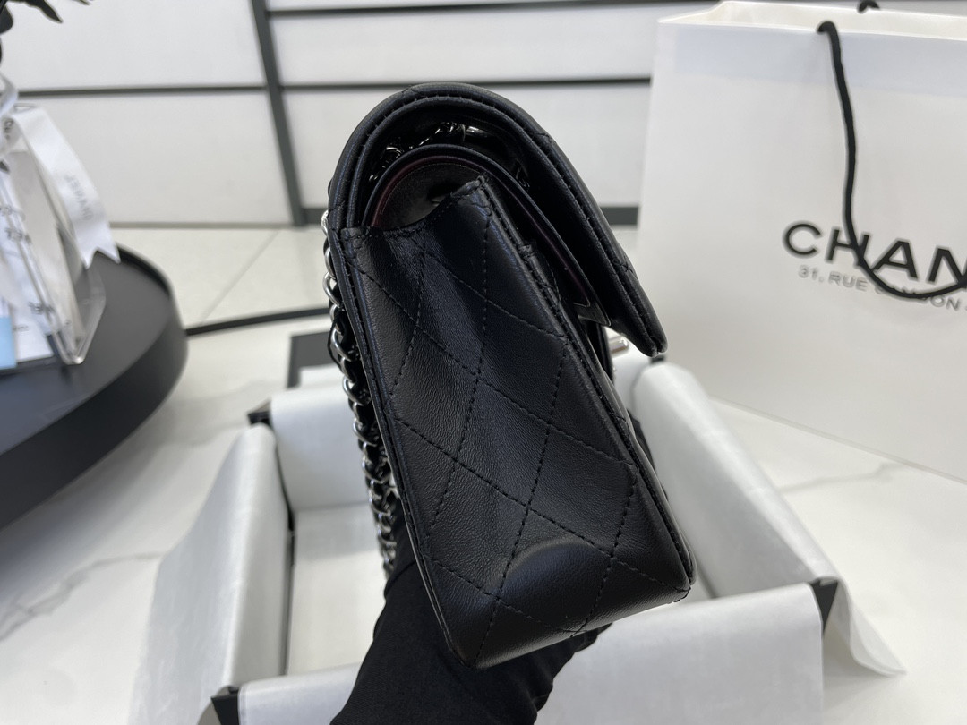 Ch*el small classic handbag grained shiny calfskin & silver-tone metal black 5.7 × 9 × 2.3 in