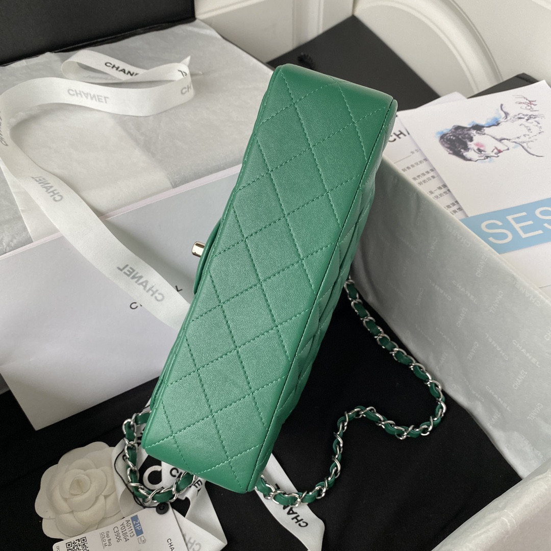 Ch*el small classic handbag grained shiny calfskin & silver-tone metal green 5.7 × 9 × 2.3 in