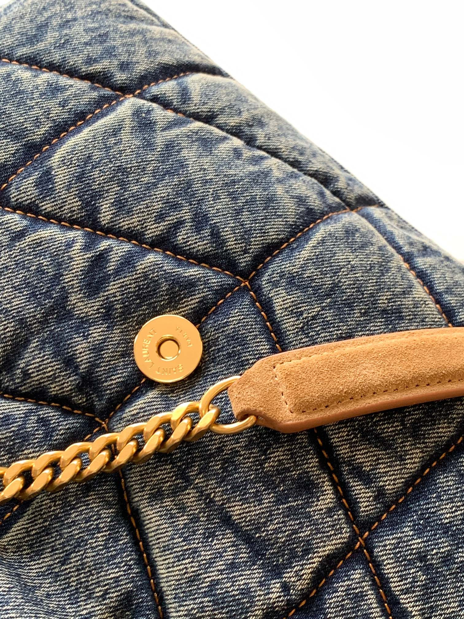 Y*L puffer small in suede and denim rodeo blue 11.4 x 6.6 x 4.3 inches