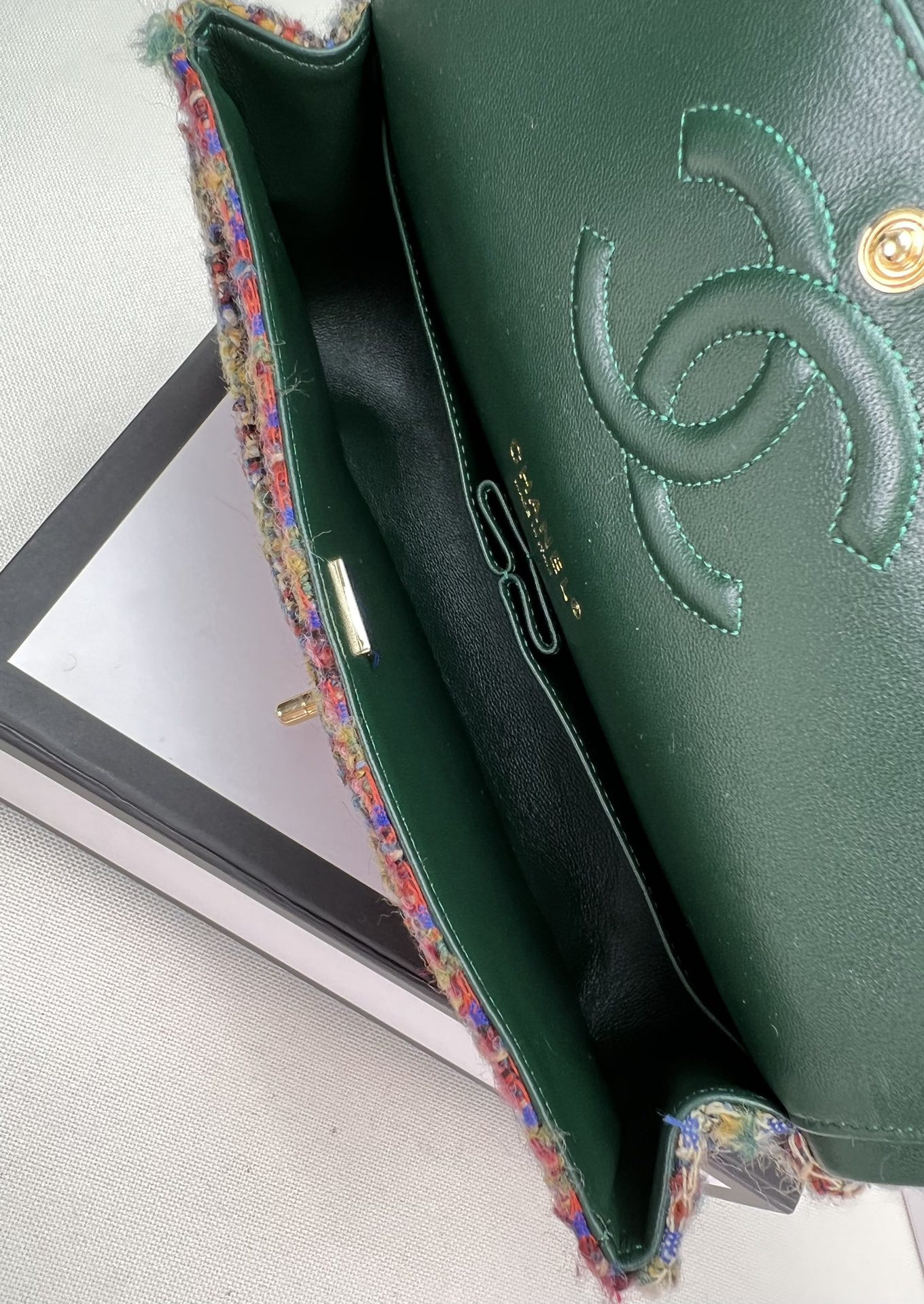 Ch*el classic 11.12 handbag tweed & gold-tone metal   6 × 9.9 × 2.5 in