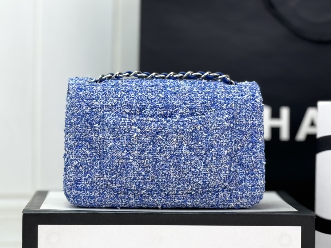 Ch*el mini classic 11.12 handbag  tweed & silver-tone metal 4.7 × 7.8 × 2.3 in