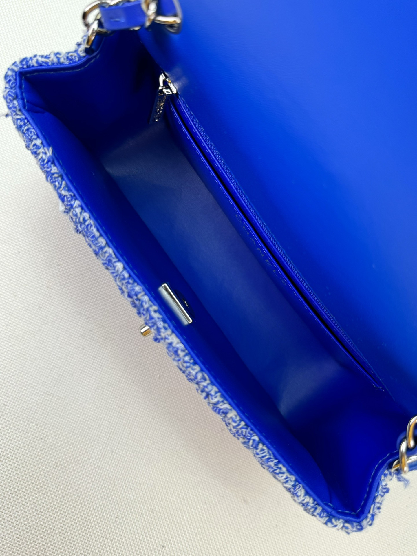 Ch*el mini classic 11.12 handbag  tweed & silver-tone metal 4.7 × 7.8 × 2.3 in