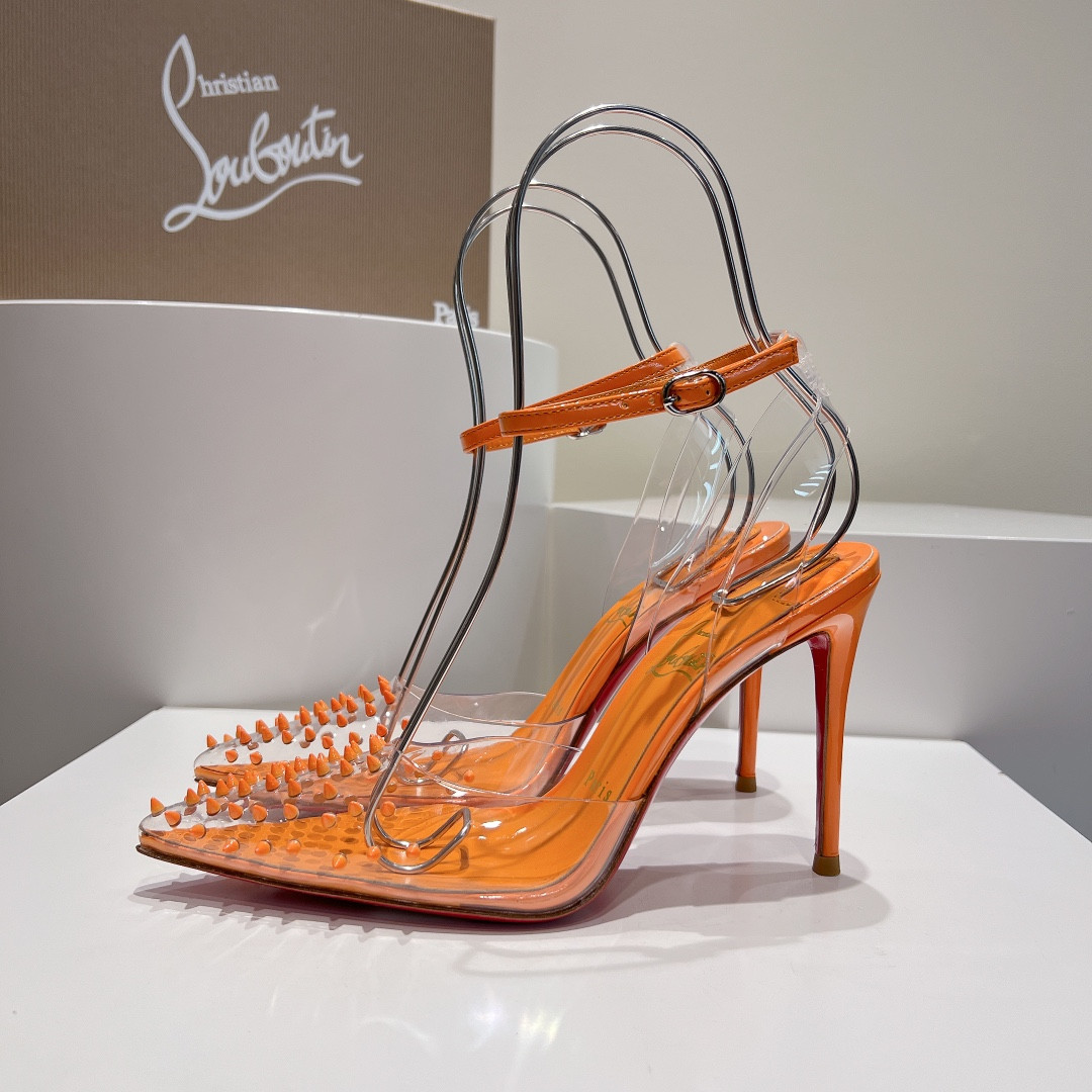 ua Ch**an louboutin cl pointed toe high-heeled transparent studded sandals